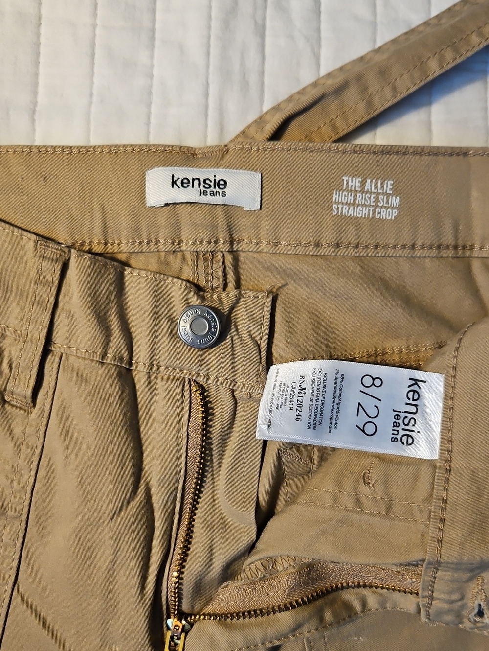 kensie The Allie High Rise Slim Straight Crop Pants - Khaki/Tan